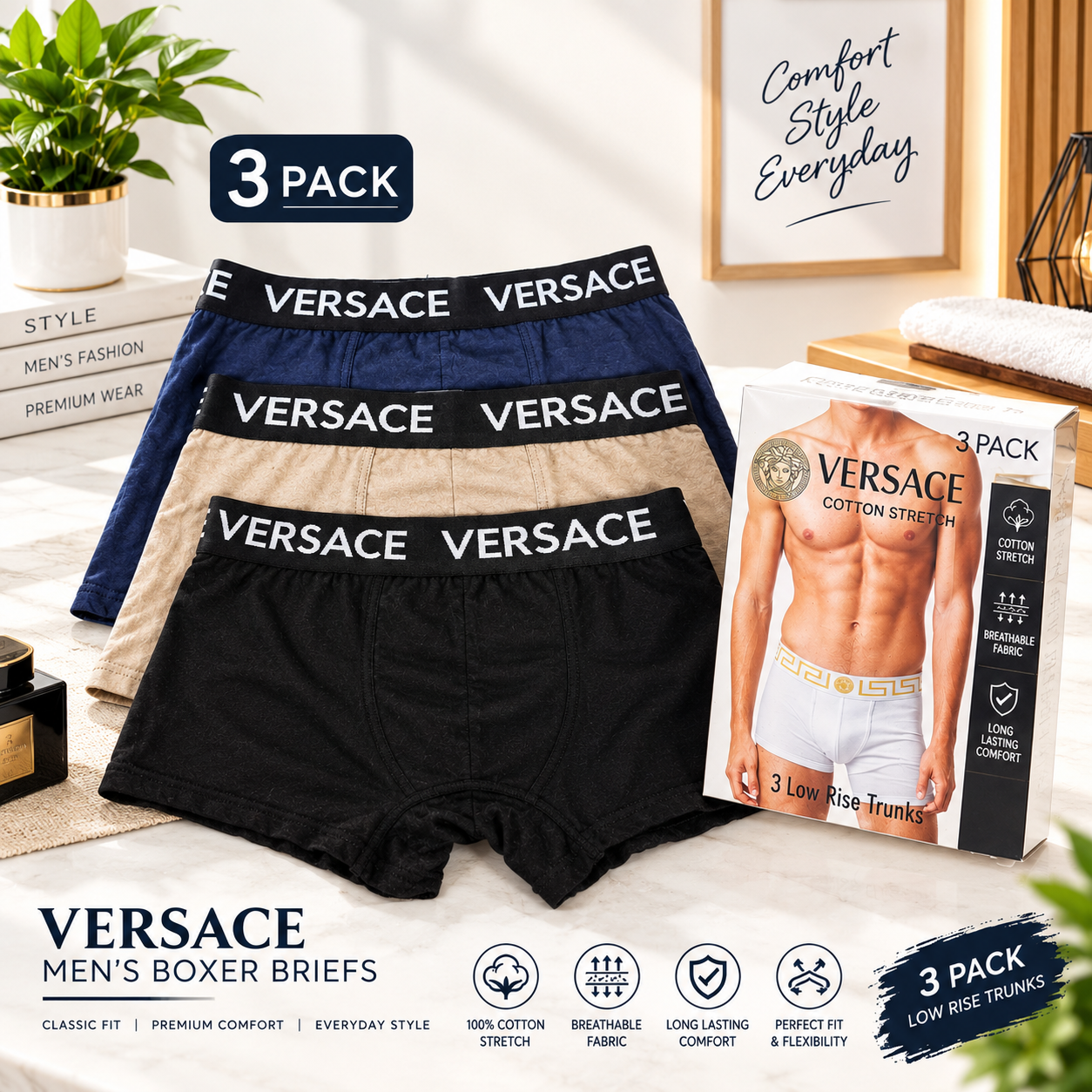 Premium Men’s Pure Cotton Boxer Briefs – Pack of 3 - Image 2