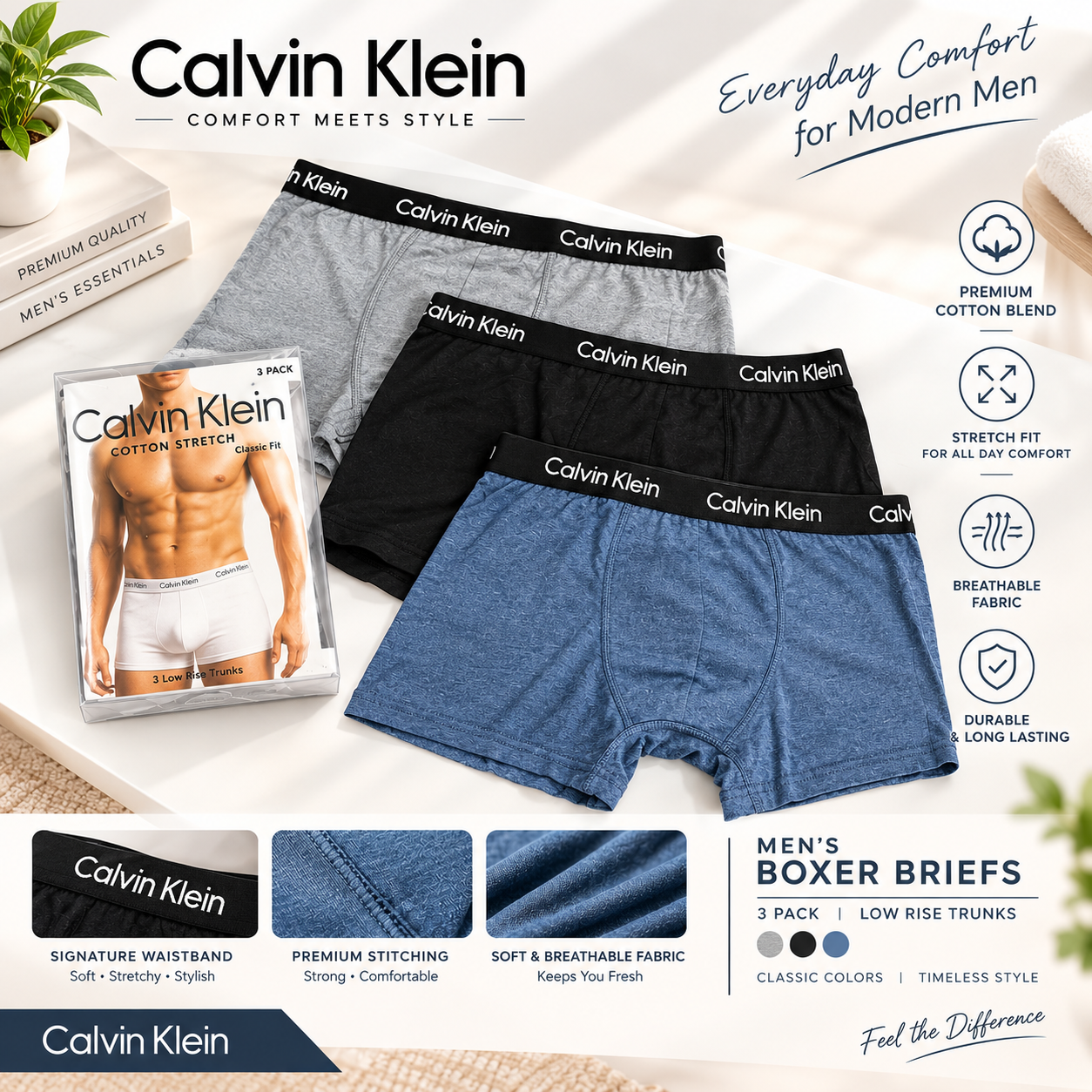 Ck Men's 100% Pure Cotton Boxer Underwear Pack of 3 - Image 3