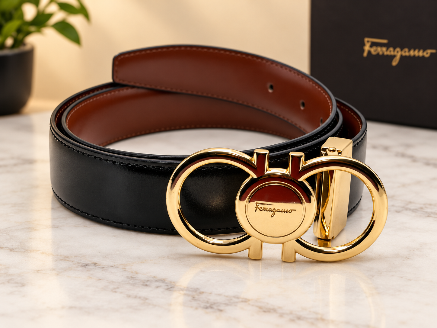 Executive Gold Gancini Leather Belt for Men – Formal & Casual Luxury Belt