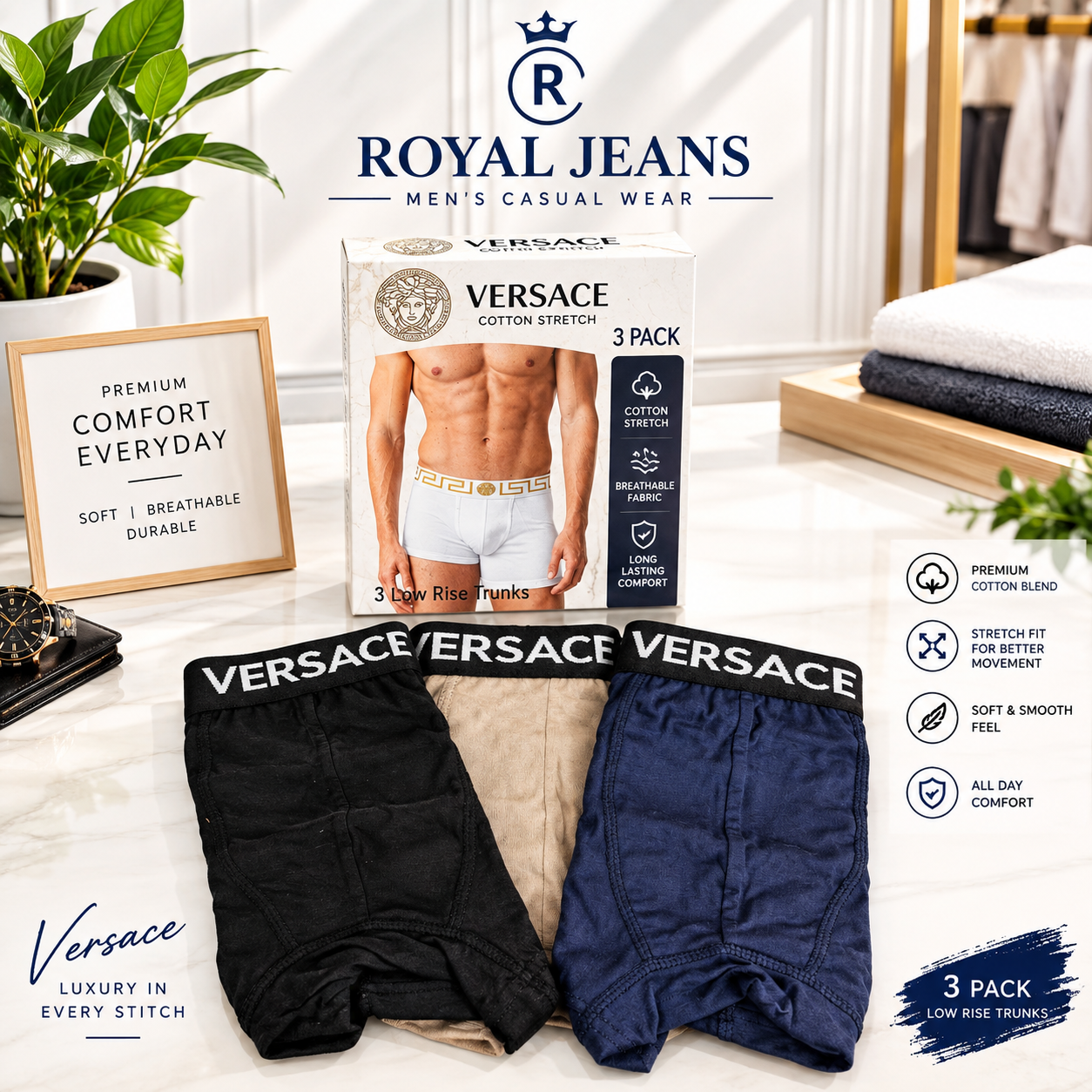 Premium Men’s Pure Cotton Boxer Briefs – Pack of 3